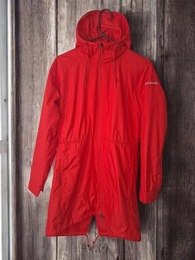 Columbia Women's Rain Coat Red Hooded Full Zip Mid-Length Long Sleeve S